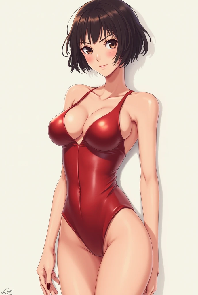 Beautiful short haired girl with medium breasts and very tight swimsuit showing body parts in anime style 