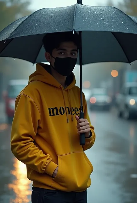  realistic Pakistani 20 years old beautiful smart and cute boy setting on the road with an umbrella and black mask on a wearing a yellow hoodie whit name “Moneer“ write on it after rain and no boy beautiful lonely boy whit beautiful cute whit cat rainy moo...