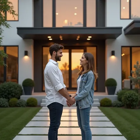 The smiling couple holding hands in front of the entrance to a beautiful modern home, ready to start this new chapter together