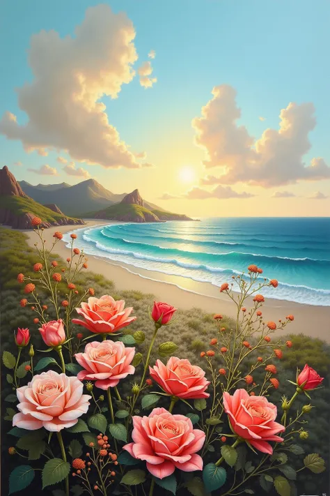   create an ultra realistic   ,  photo as oil canvas with the following  elements  :

bottom:    A serene landscape at dawn   , symbolizing a new beginning, con montañas en el bottom y un océano tranquilo .

 elements :   A bouquet of desert roses in vario...