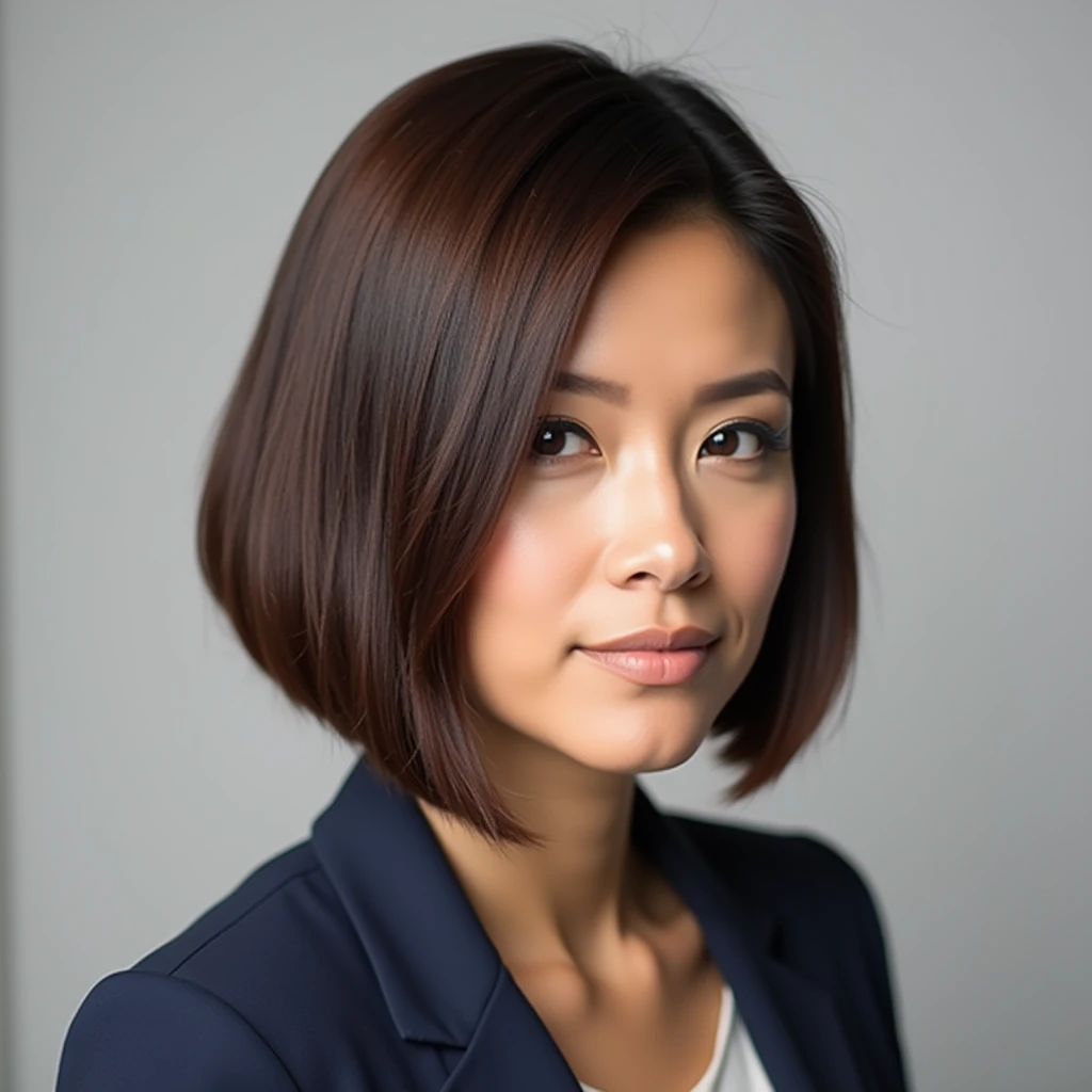 A professional-looking woman with a sleek and symmetrical short bob haircut. The hair is deep brown and cut precisely, following a diagonal contour that starts shorter at the temples and gradually lengthens as it moves toward the back of the head. This cre...