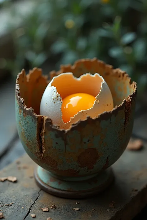 An open egg in a container,  container in a state of decay 