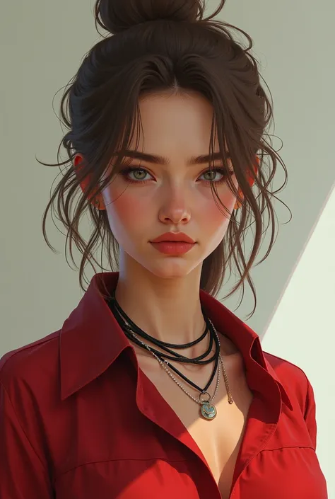 Sporty girl with light brown loose ironed hair
Her personality is strong and cold, she has no emotions or feelings.
He's not worried about anyone
His clothing is a red shirt with necklaces