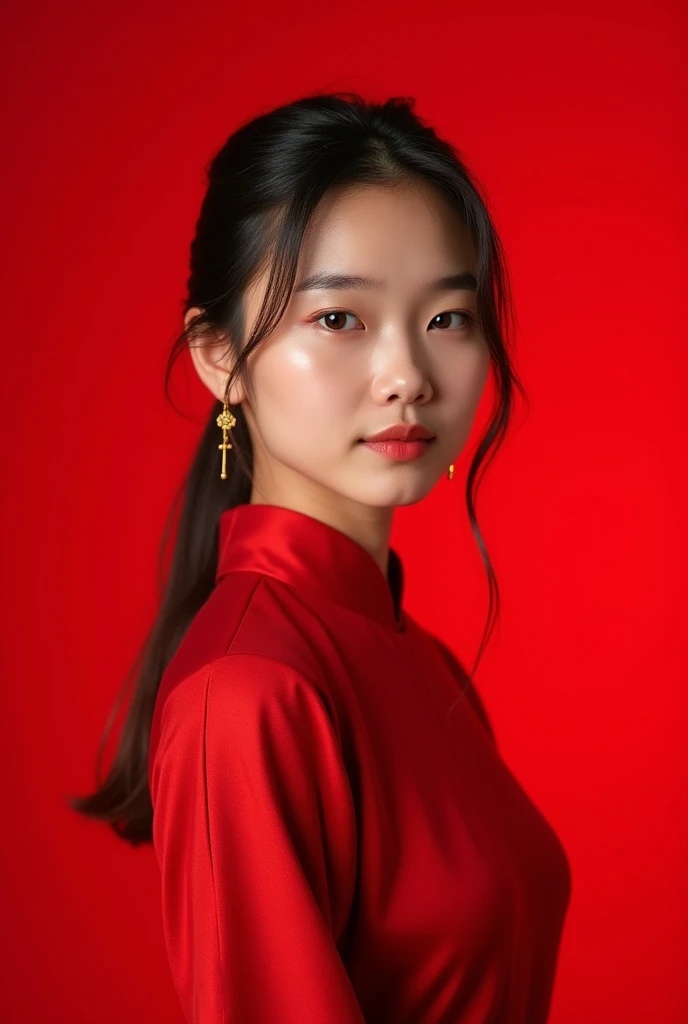 Chinese real girl Chinese New year pictorial photoshoot red background