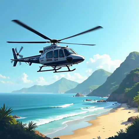 Police helicopter flying around a beach on a blue sky day with mountains in the background

