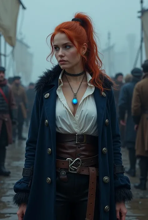  medieval  (pirate: 1.2)  girl in her 25 years old with red hair tied in a ponytail, in a dark blue coat,  in my hand, a small glowing spherical blue amulet hangs around my neck on a silver chain . white silk shirt , décolleté ,  big breasts. belted with p...