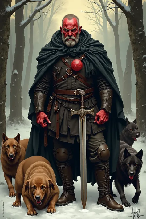 A realistic medieval fantasy portrait of a ranger of 35 years. He face has a red tint. He has many boils and a large cyst on his neck. He looks angry.
He wear black boiler and leather and black wool and some rusted armor. He wields a sword. At his feet a n...