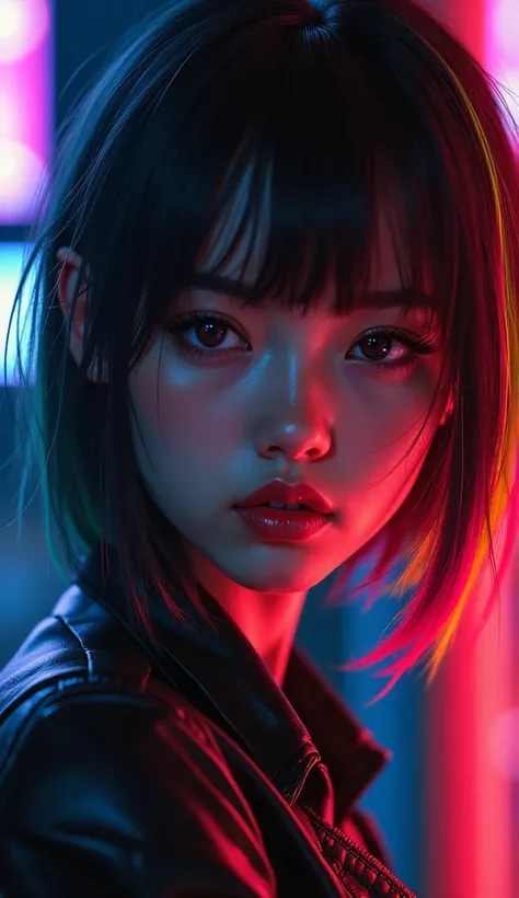 girl , (((emo style)), ((colorful fringe++)) ,((nigthcity+)), steep nose round lips, mixed race, bela, bangs in front of the eyes 