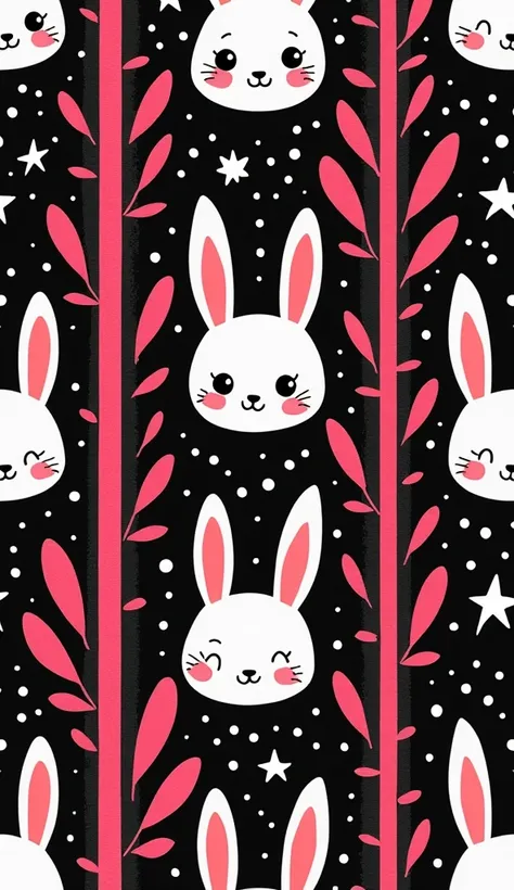 Background with black and pink stripes, Several rabbit heads,  polka dots and little stars color: dark pink and black. design, wallpaper style 