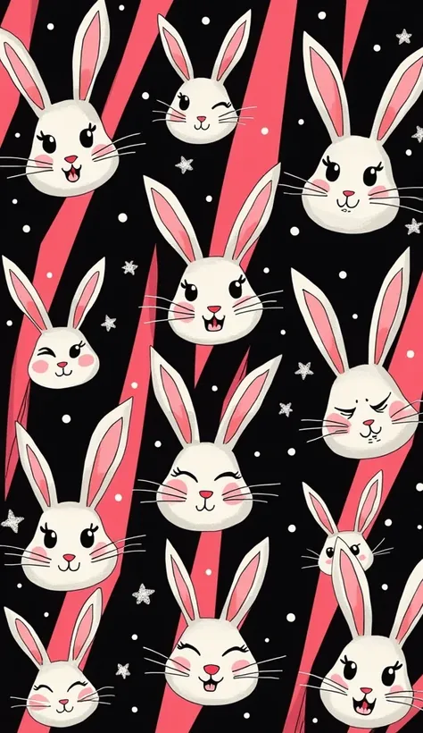 Background with black and pink stripes, Several rabbit heads,  polka dots and little stars color: dark pink and black. design, wallpaper style 