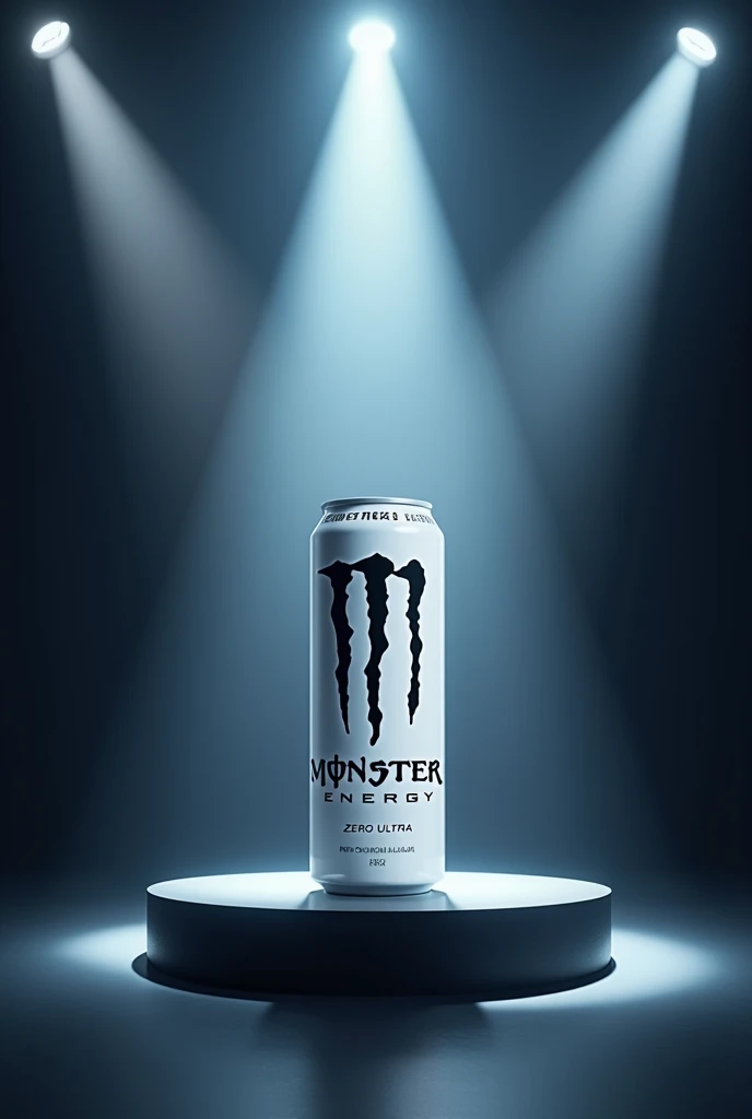 White monster energy zero ultra on a stage with a spot lite 