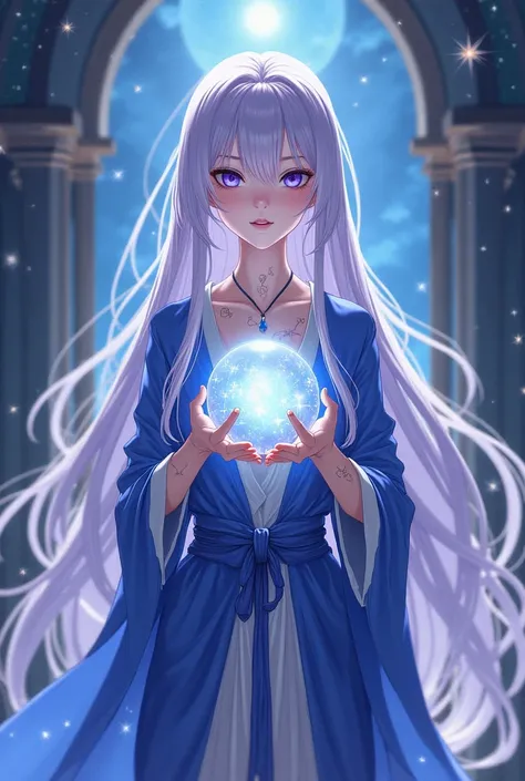 "4K anime style quality, digital drawing mode, mystical anime female character, long flowing lavender hair with silver tips, glowing sapphire eyes, wearing a star-themed mystic robe, constellation tattoos on arms and face, holding a glowing crystal orb, Bl...