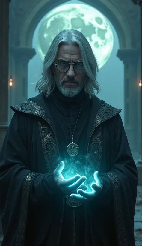  A dark fantasy character with a mysterious appearance and Threatening.  He has smooth silver hair that falls to his shoulders ,  sharp and intelligent eyes with a penetrating glow , and wears round thin glasses . your skin is pale,  and he wears a robe da...