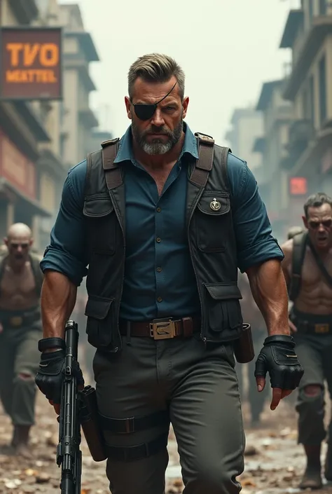 Handsome man dressed in a navy blue shirt wearing a black vest with an eye patch and with gloves and a holster carrying a machine gun and well equipped shooting at zombies on a destroyed street