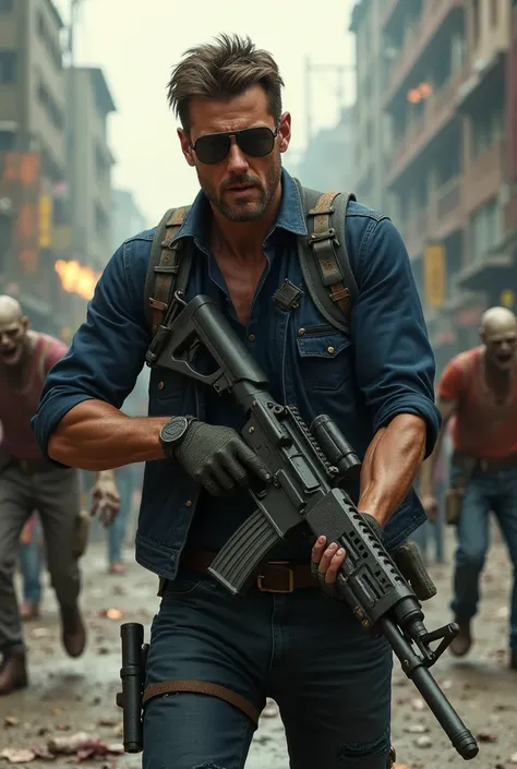 Handsome man dressed in a navy blue shirt with a black vest with dark glasses and with gloves and a gunslinger carrying a machine gun and well equipped shooting at zombies on a destroyed street