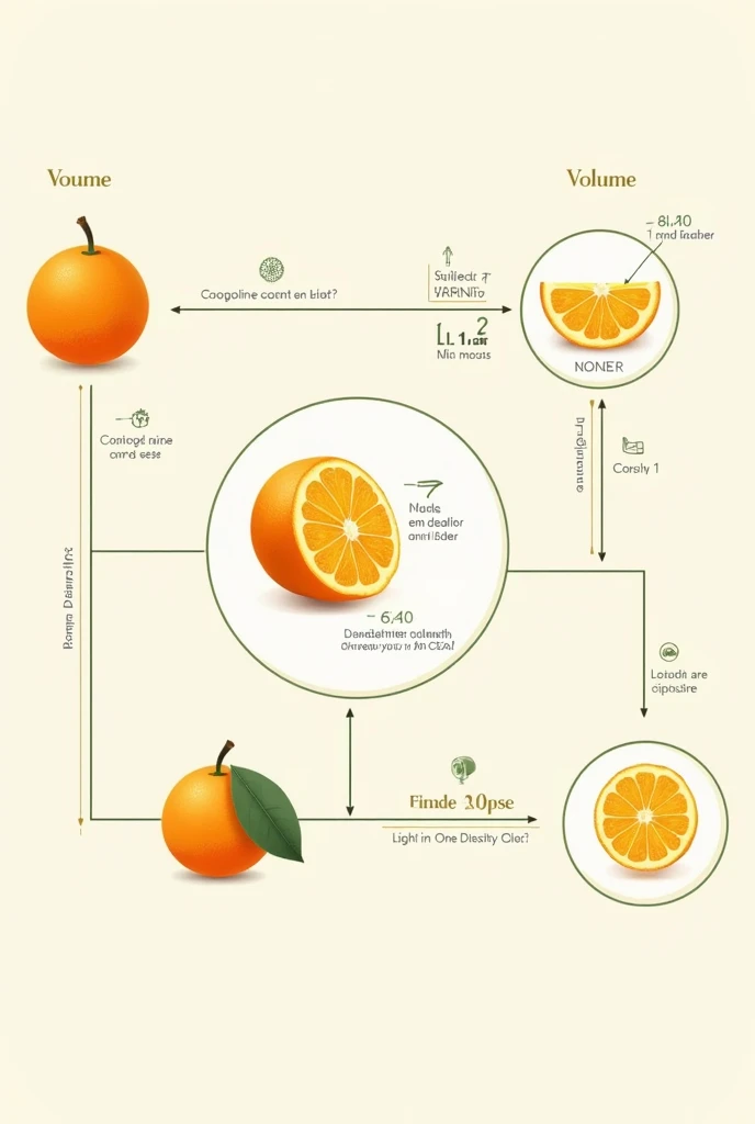 Flowchart with drawings explaining the procedure for how to get the mass, volume and density out of an orange. 