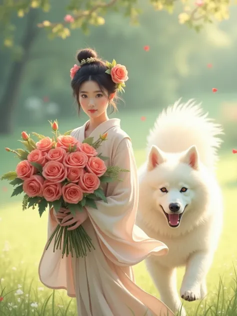 A Japanese woman with a pretty face holds a bouquet of roses　A white Samoyed dog is running next to it 