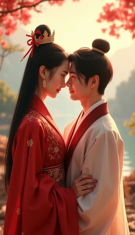 Characters inspired by Mulan and her romantic partner Li Shang, romantic and beautiful scenery in the background, Couple eye to eye, They are in profile for the spectator, They are wearing typical Chinese wedding clothes