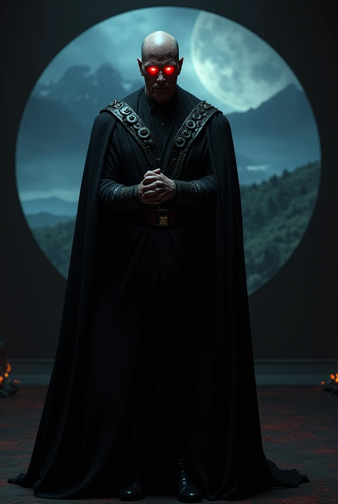 Malrik Tyrn , wearing an imperial robe ,  is standing in a dark room ,  with your eyes glowing in an intense red ,  reflecting anger and fury .  He has a rigid and threatening expression . In front of you,  Commander Tarkus ,  kneeling and bewildered ,  tr...