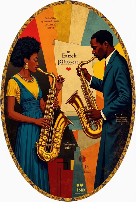 Create a 58mm perfect circular design inspired by the Harlem Renaissance, filled with vibrant elements representing Black artistic contributions. The artwork should feature jazz musicians playing saxophones and trumpets, a poet writing on a scroll, and a p...