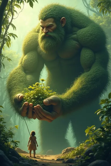 the good giant revives the plant from watering and raises his hands, the leaves showing muscles