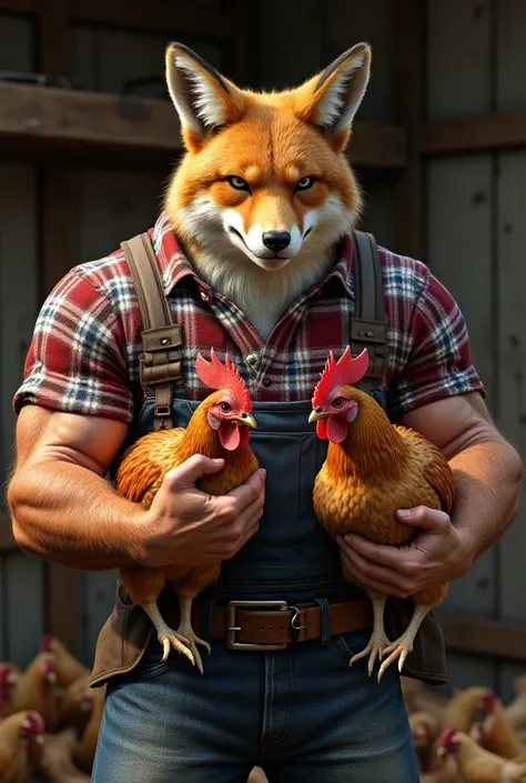 Create an ultra realistic and detailed image of a strong humanoid farmer dressed in plaid fox head , He's holding two chickens by the neck and is pinning them in the chicken coop