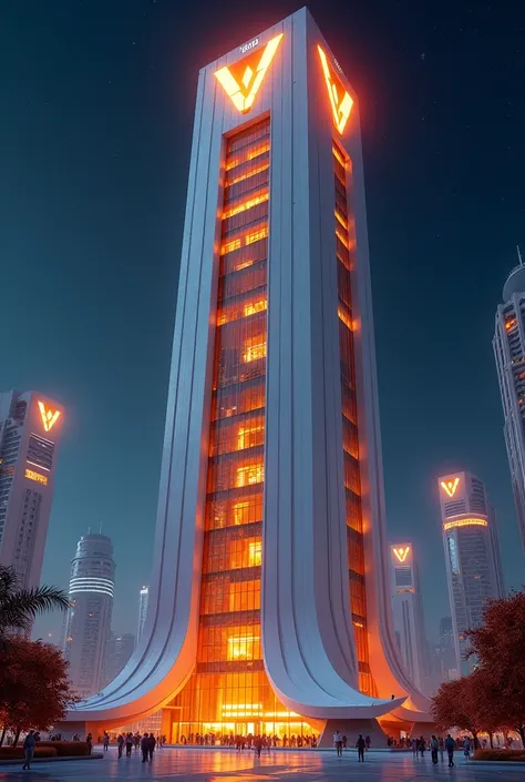 Very large 50-story company,  team with orange colors , therefore,  White ,  with a name "Team V " at night 