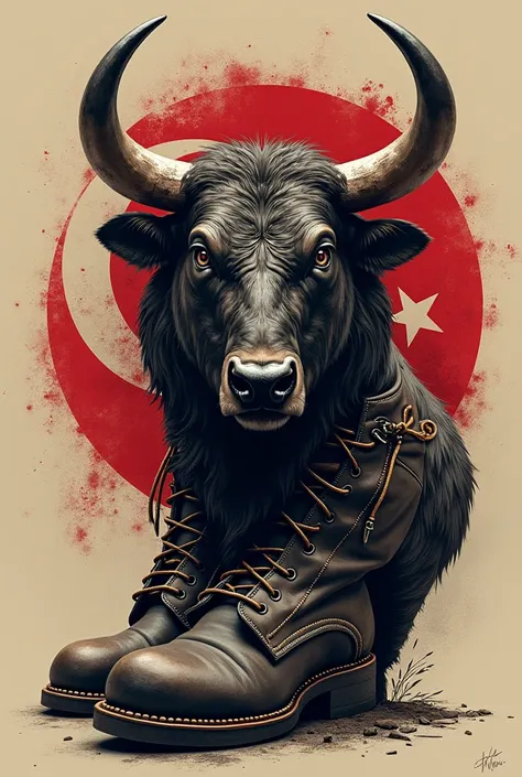 Create an image of a Turkish military boot, with the chest resembling the chest of a bull, the wrists resembling the wrists of a wolf, and the face resembling that of a Turkish soldier. The overall style should be symbolic and powerful, blending the streng...