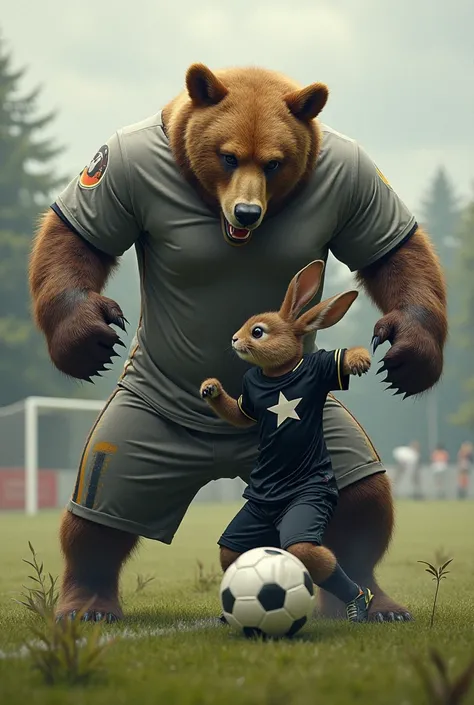 Bear in a gray soccer uniform beating the crap out of a rabbit in a black uniform and a white star