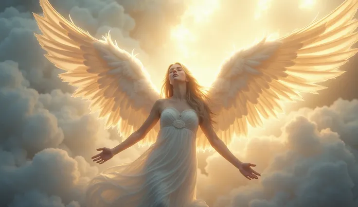 An angel with outstretched wings, surrounded by radiant heavenly light.