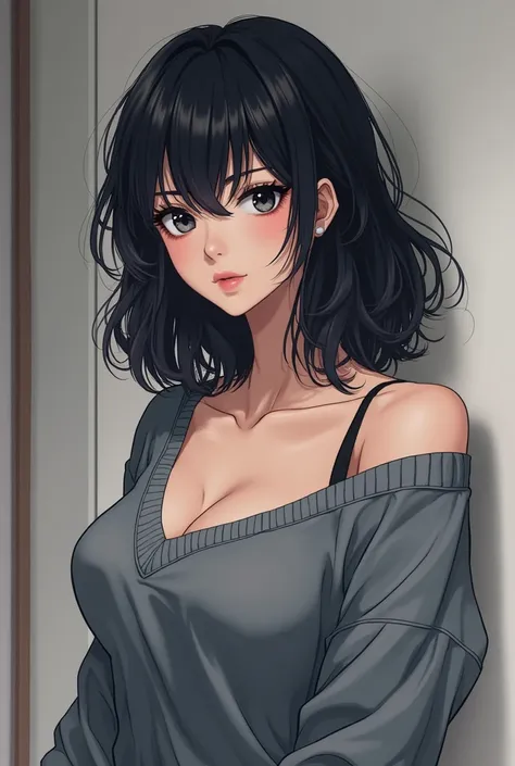  the best quality, obra maestra, 17-year-old anime girl with medium long wavy pointed black hair, And black eyes, gray sweater,  has an aggressive personality ,  athletic physique,  has big breasts, has white skin