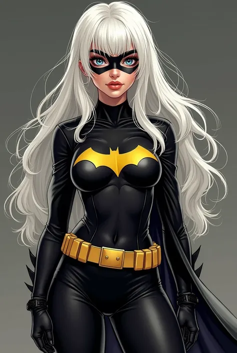 Make a girl in DC comic style, with white hair and a black patch on the bangs,clear and perfect skin with light freckles,  lips a little red ,body with large breasts and thin waist, wide hips and thick thighs,bunda grande e com o uniforme preto da batfamil...