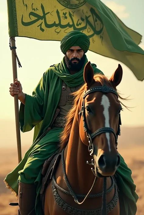 Generate an image of of brave Muslim warrior wearing green turban (cover the face with a bright light) on his horse holding a flag with is written on it "۳۱۳"

