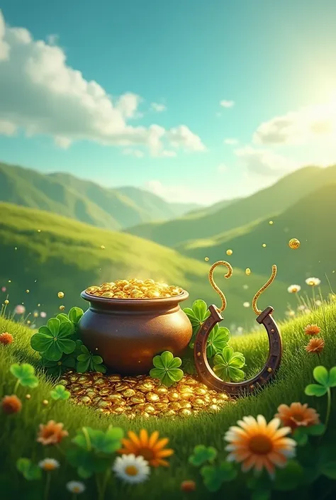  Create a background with a pot of gold , a horseshoe and clovers  