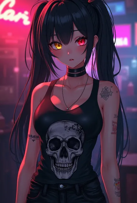 solo, beauty,1 girl,2 ponytails hair, black color, right eyes yellow, and left eyes is red, wearing skull patterned punk tank top, black short jeans, background night club,anime