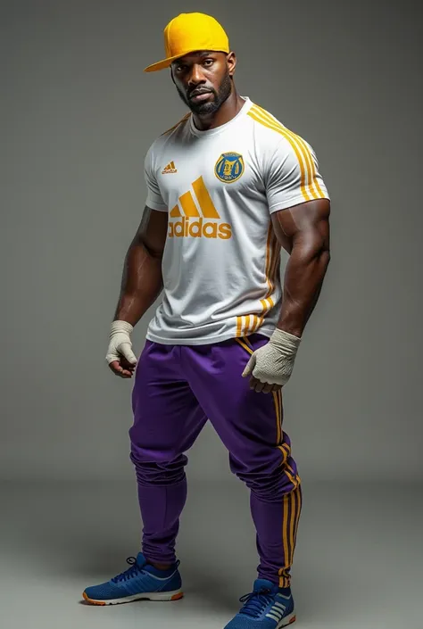 Muscular Latino man , black race, He wear white and yellow Adidas soccer t-shirt. He has a yellow cap and blue sneakers . He has purple and yellow Adidas long pants . He wears white Adidas gloves . He took his penis out of his pants and shows it to the cam...