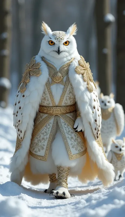 Hyperrealistic photograph, 16K RAW, masterpiece. A majestic, real white owl with human-like posture, dressed as a regal prince in spectacular, elegant white and gold ornate, medieval attire, walks purposefully through a snowy forest. His expression is nobl...