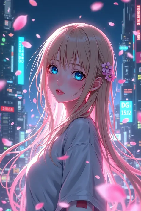 cyberpunk anime style,  blonde girl with long hair,  ojos azules, wrapped in sakura petals and neon that put Sakura Fubuki