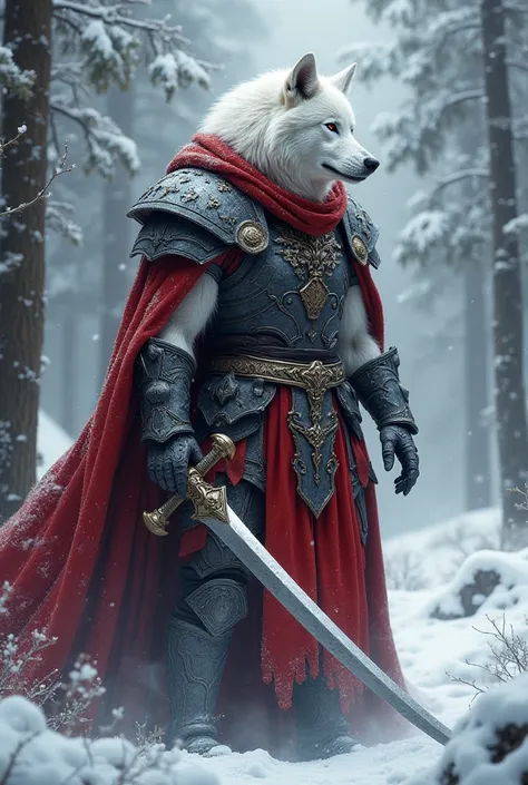 a white wolf warrior, wearing a red, silver, black colure dress and wearing a red colure robe and wearing a iron amour on hand, leg and shoulders and sword on the right hand. this warrior stand on the snow forest background