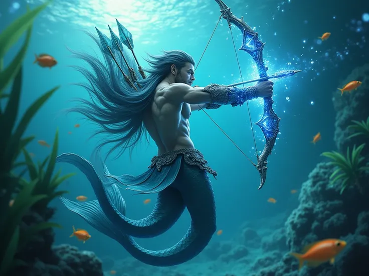 a merman archer, holding a blue magic bow in one hand and on his back a quiver of trident-shaped arrows