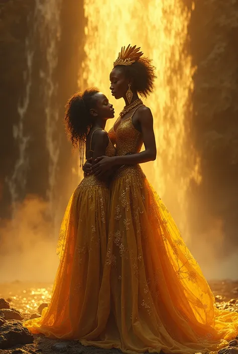 Create an image of Orixá Oxum and her daughter for me 
She's black,  wears a gold dress and finds herself in a big waterfall. Your daughter is hugging her. In your hands is a golden mirror 