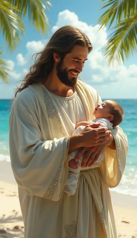 Smiling Jesus holding a baby in his arms amidst a paradisiacal setting on a beach. Jesus wears heavenly clothes with tall and beautiful silver-colored stitching.