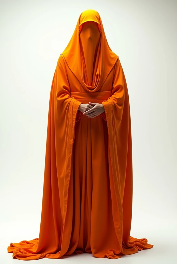  Sheik in a studio with a white background wearing orange robes and a full face covered,  And that this image has the highest possible quality and that it seems as real as possible
