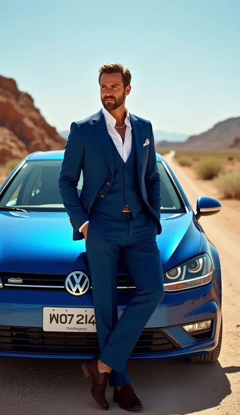 Placer une image réaliste. d'un homme riche vetu d'un beau costume bleu et une chemise blanche et une cravate bleu de 46 ans sur le côté d'une volkswagen golf 7 bleu avec une immatriculation tunisienne sur une route en arizona.