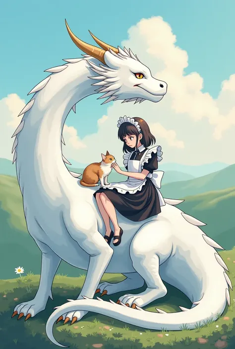 
a maid with a cat is sitting on a white dragon in the anime style of 2D
