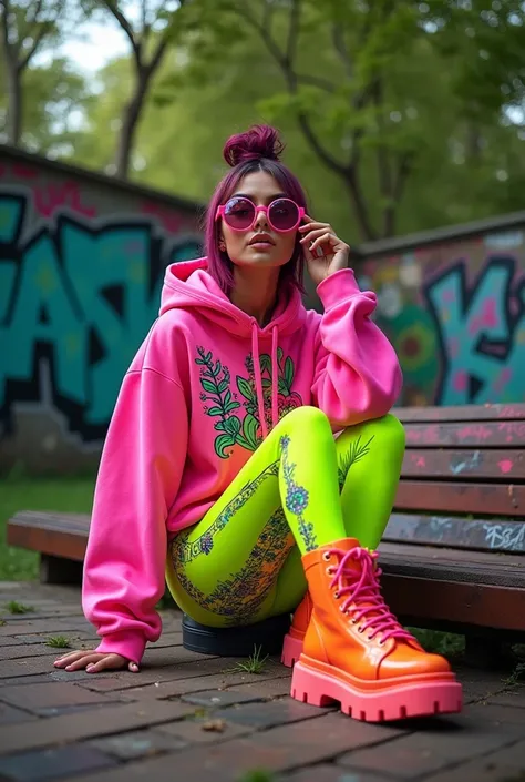 [subject: Cyberpunk Dua Lipa em Eco-Streetwear Futurista]  A photorealistic Instagram image of a cyberpunk-inspired Dua Lipa, combining classic glamour with vibrant, eco-friendly street fashion and futuristic aesthetics of rave. The model is wearing bold, ...