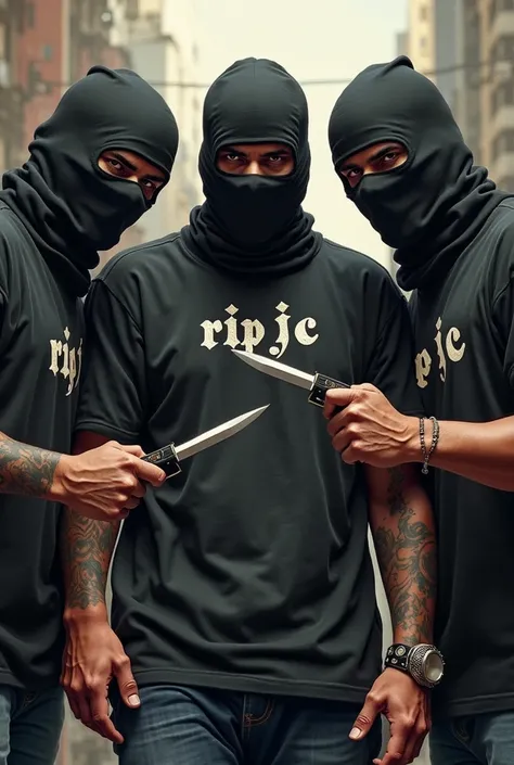 a group of gang members holding knives and wearing a ski mash and a t shirt with RIP JC written on it