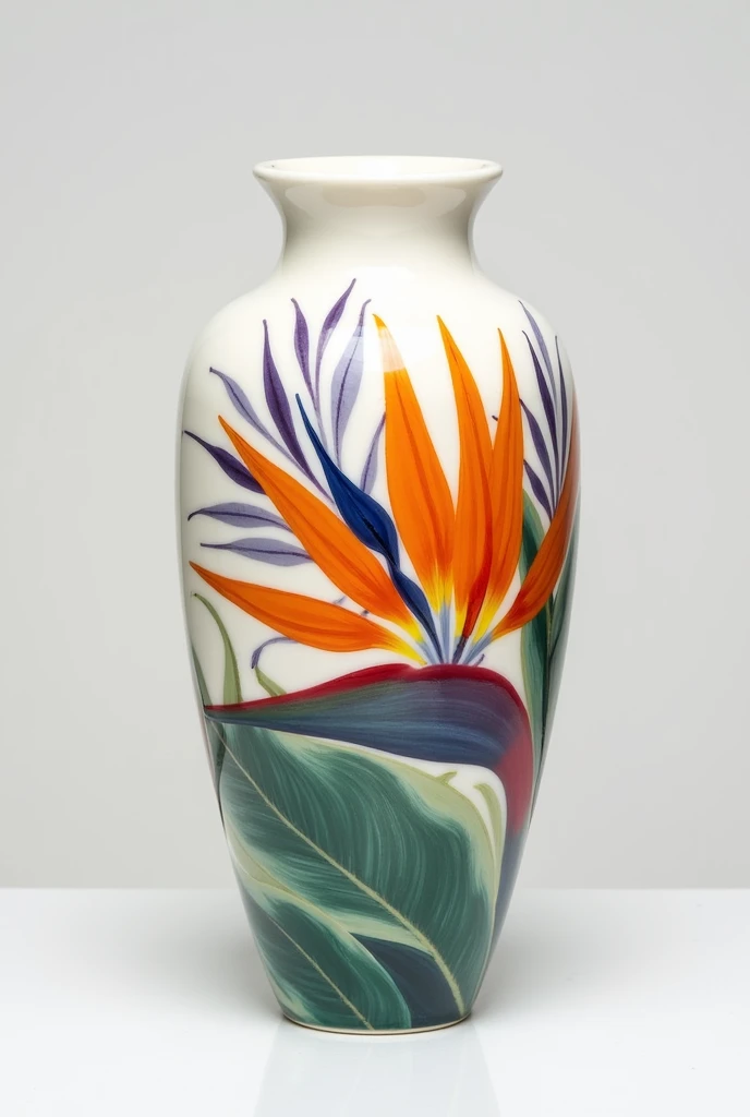 Create a white vase with a bird of paradise flower print 