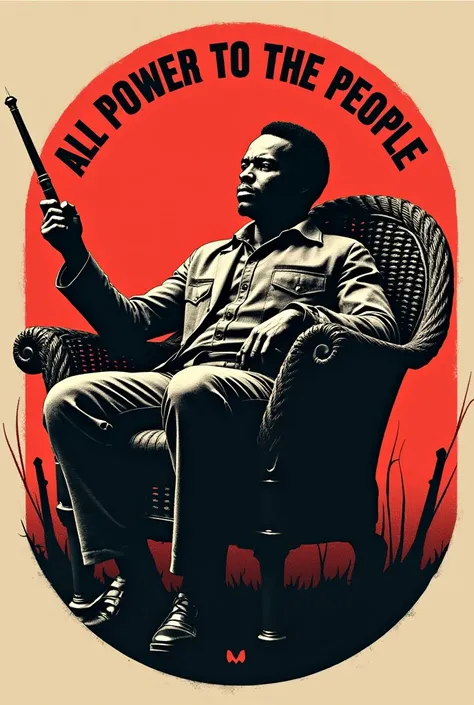 Design a striking 58mm circular button featuring Huey P. Newton sitting in his iconic wicker chair, holding a spear in one hand and a rifle in the other. The background should feature a deep red and black gradient, symbolizing power and resistance. Around ...