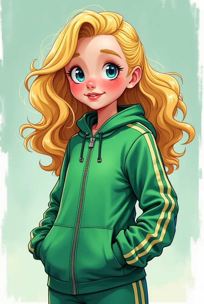 Drawing of a curly blonde girl dressed in a green tracksuit from the game of squid